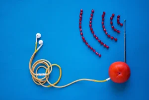 Earphones connected to a fruit emitting signals